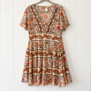 Bila Womens Small Dress Tiered Knee Length Boho Paisley Orange New
